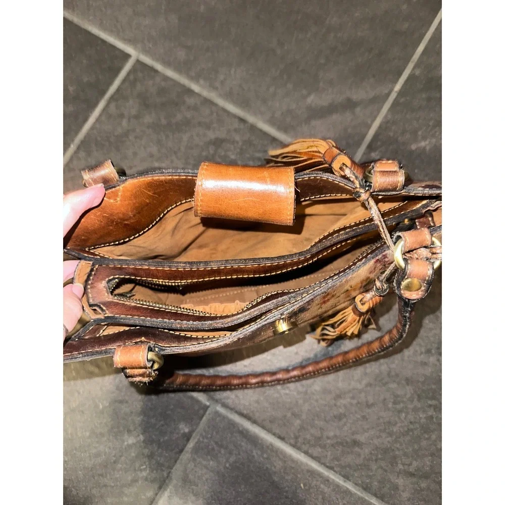 Patricia Nash Floral Leather‎ Satchel Handbag Tan Multi Tassel Braided Handle